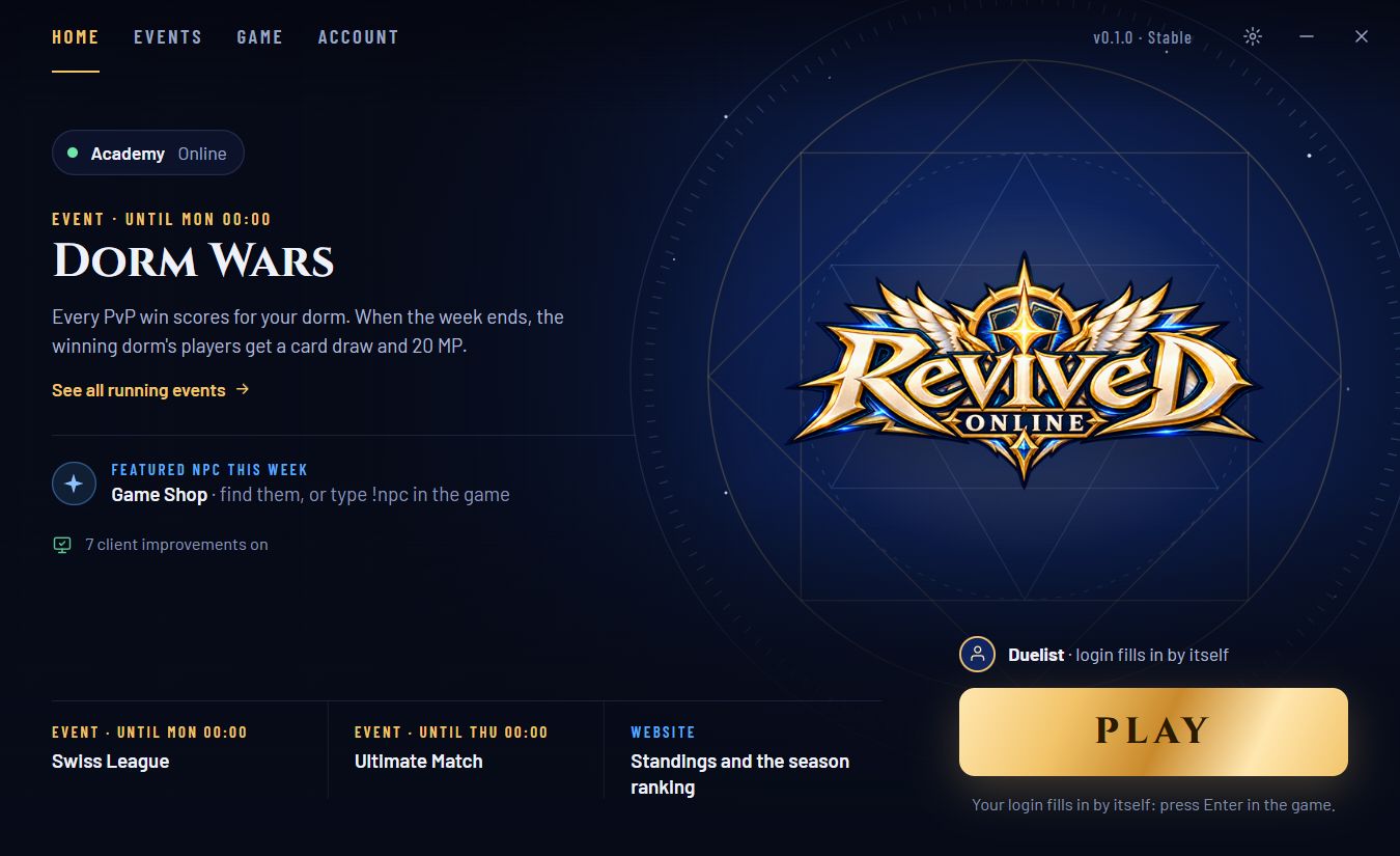 The Revived Online launcher: the running event, this week's featured NPC and the PLAY button
